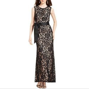 Betsy & Adam Black Lace Belted Sleeveless gown 12